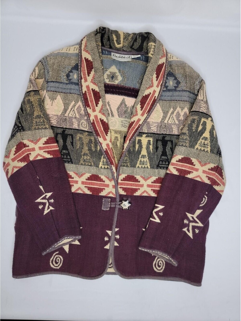 Vintage Flashback Single Button Aztec Southwestern Pattern Knit Sweater Jacket M